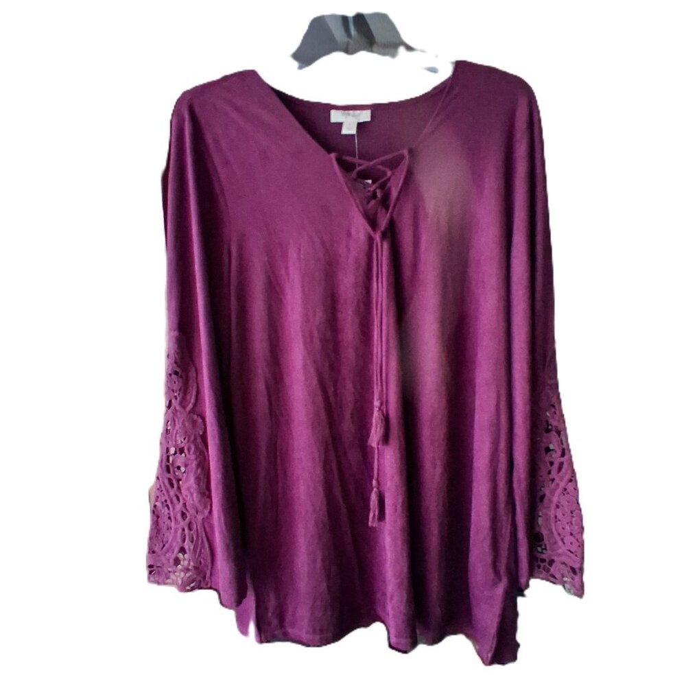 Style & Co Women's Faux Suede Lace up Top Burgundy Boho Size Large, NWT /B7